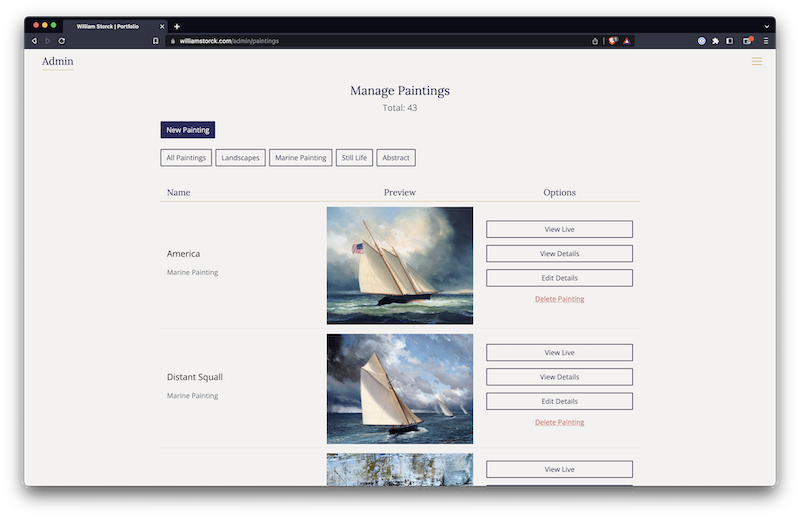 Screenshot of William Storck Admin page's paintings editor