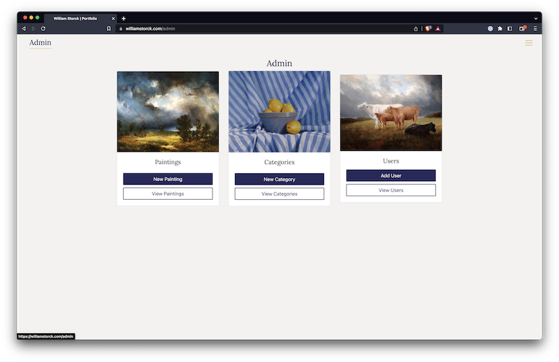 Screenshot of the William Storck Portfolio Admin page